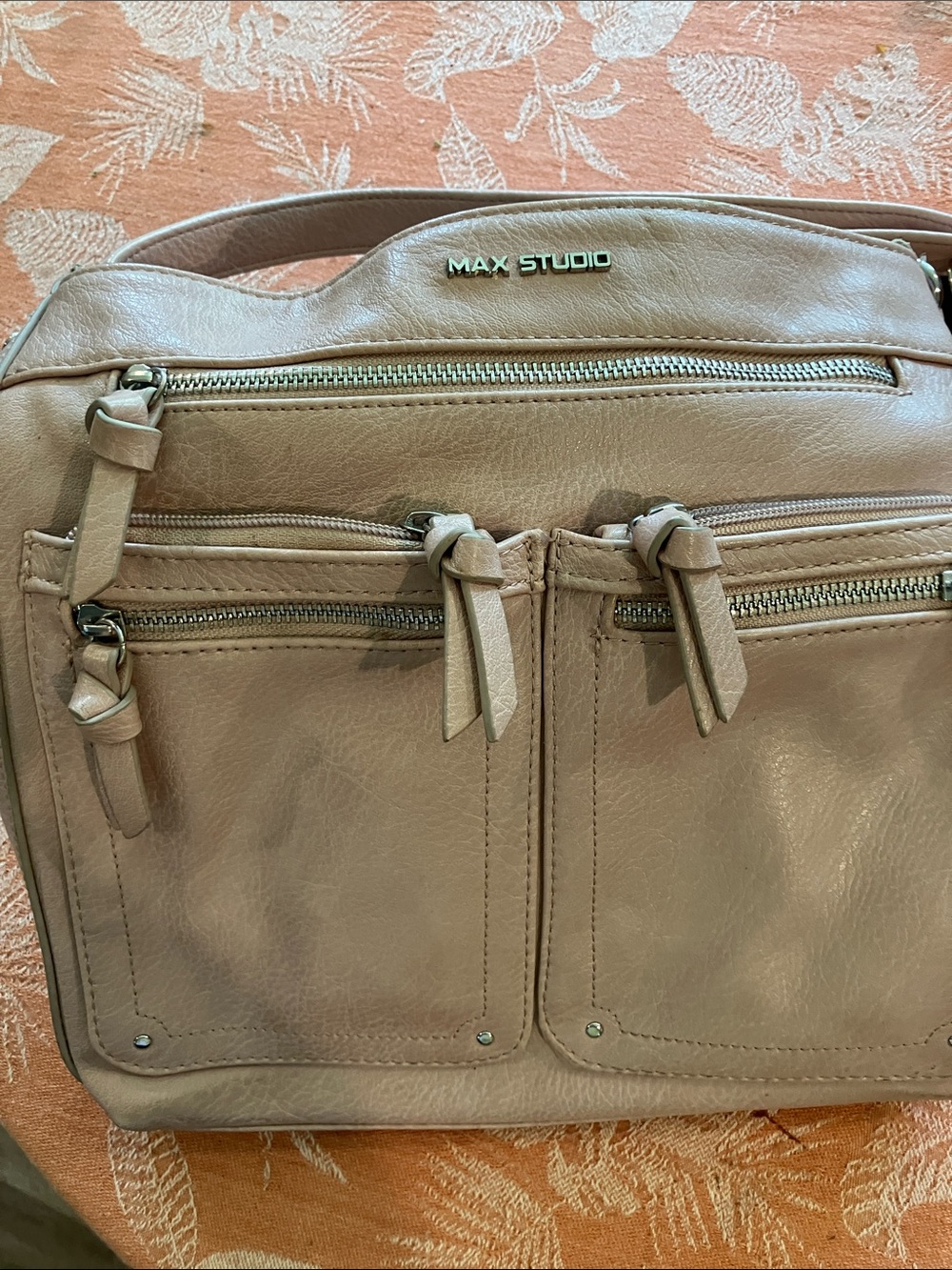 Max Studio Taupe Leather Messenger Bag with Front Zip Pockets